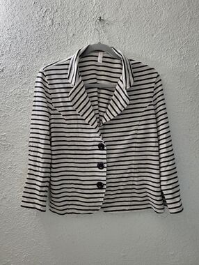 Xhilaration Womens XL Blazer Beige Black Striped 3/4 Sleeve Roll Tab Sleeve